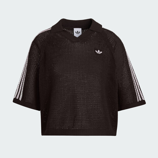 Adidas 愛迪達 Crochet Polo KE0198 女 Polo衫 休閒短袖 黑 寬鬆 短版 V領 鉤織