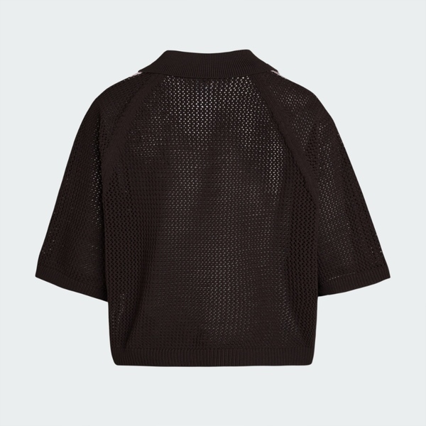 Adidas 愛迪達 Crochet Polo KE0198 女 Polo衫 休閒短袖 黑 寬鬆 短版 V領 鉤織