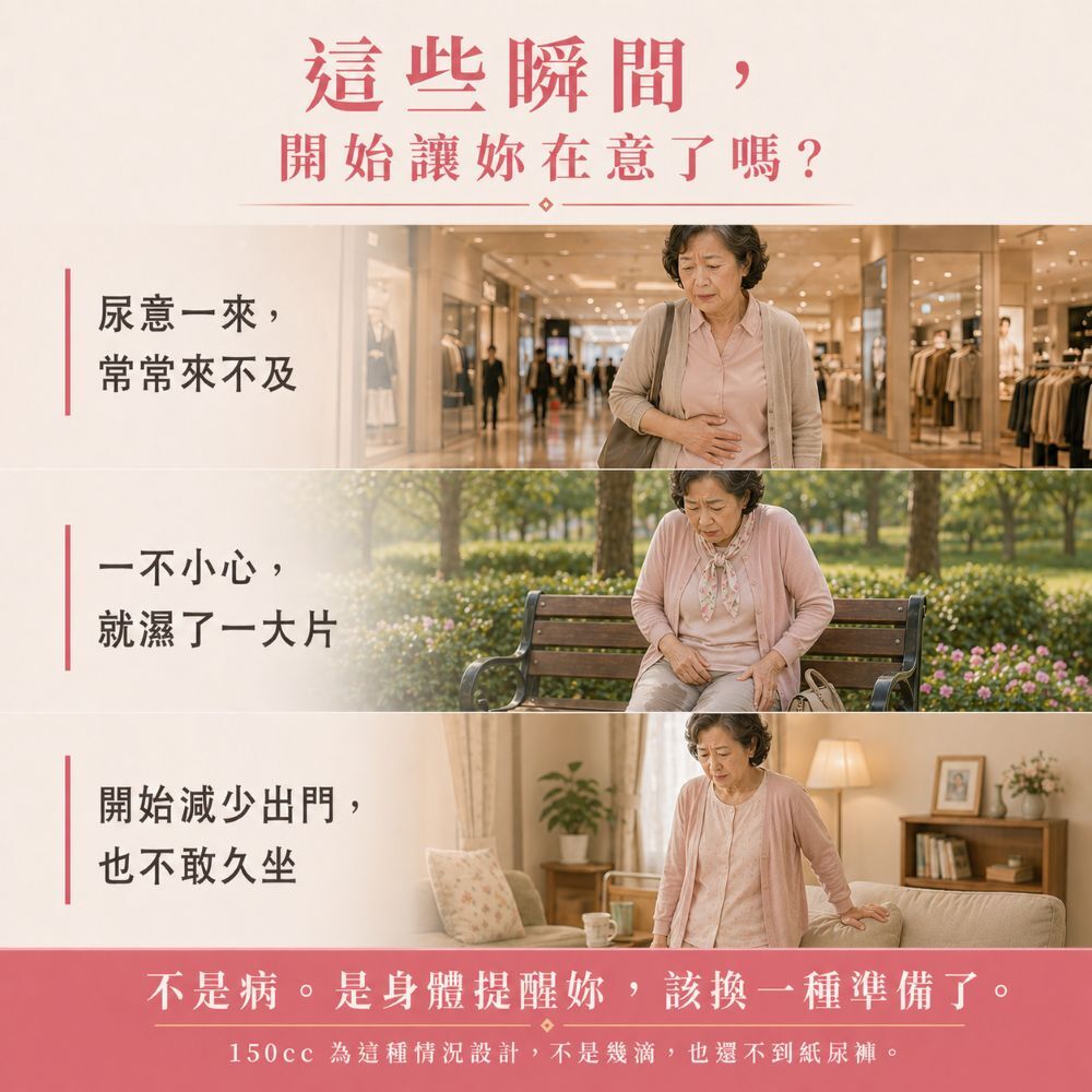 女性150cc可水洗防漏尿內褲，適合中高度漏尿、尿意來不及、整片濕掉或不敢久坐外出的日常失禁防護