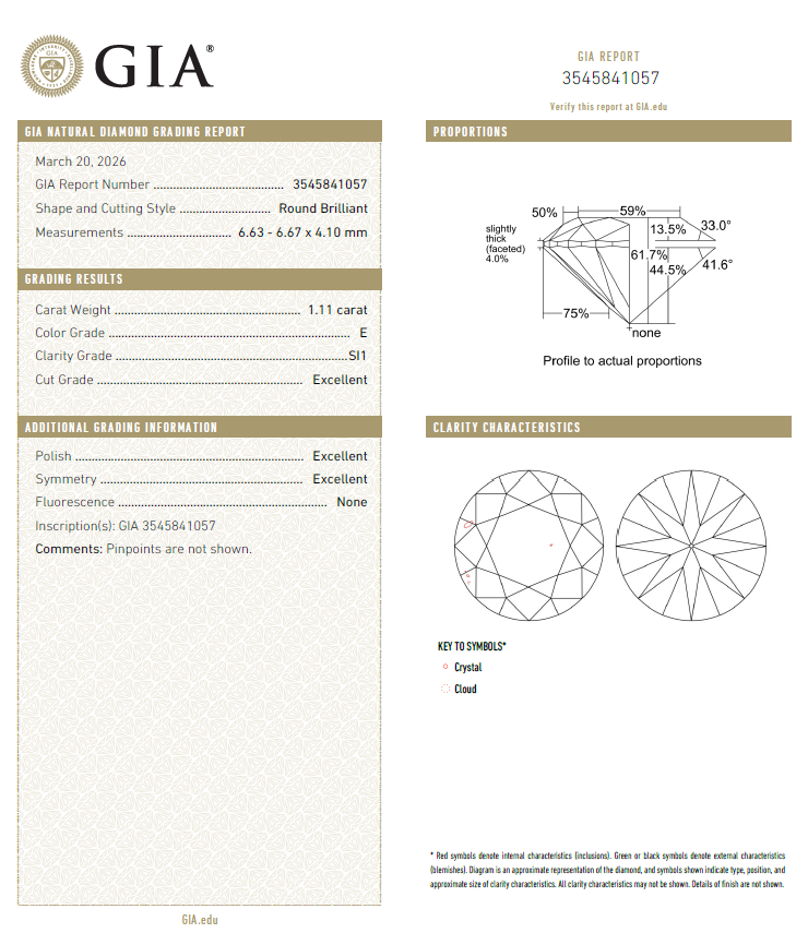 GIA鑽石 1.11 E SI1 3EX NON