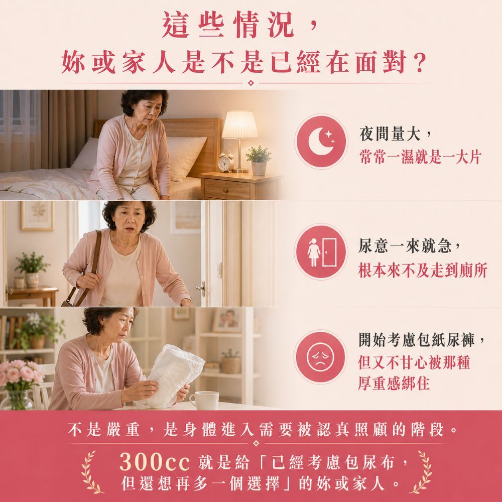 女性300cc可水洗防漏尿內褲，適合高度漏尿、夜尿多、來不及到廁所或久坐怕濕一片的日常失禁防護