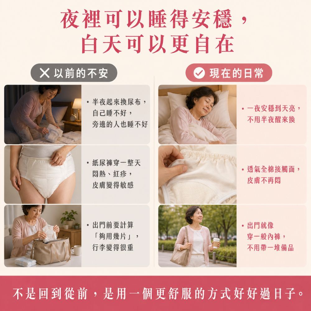 300cc女用防漏尿內褲幫助減少外出焦慮與漏尿尷尬，讓長輩日常活動、久坐與社交更安心