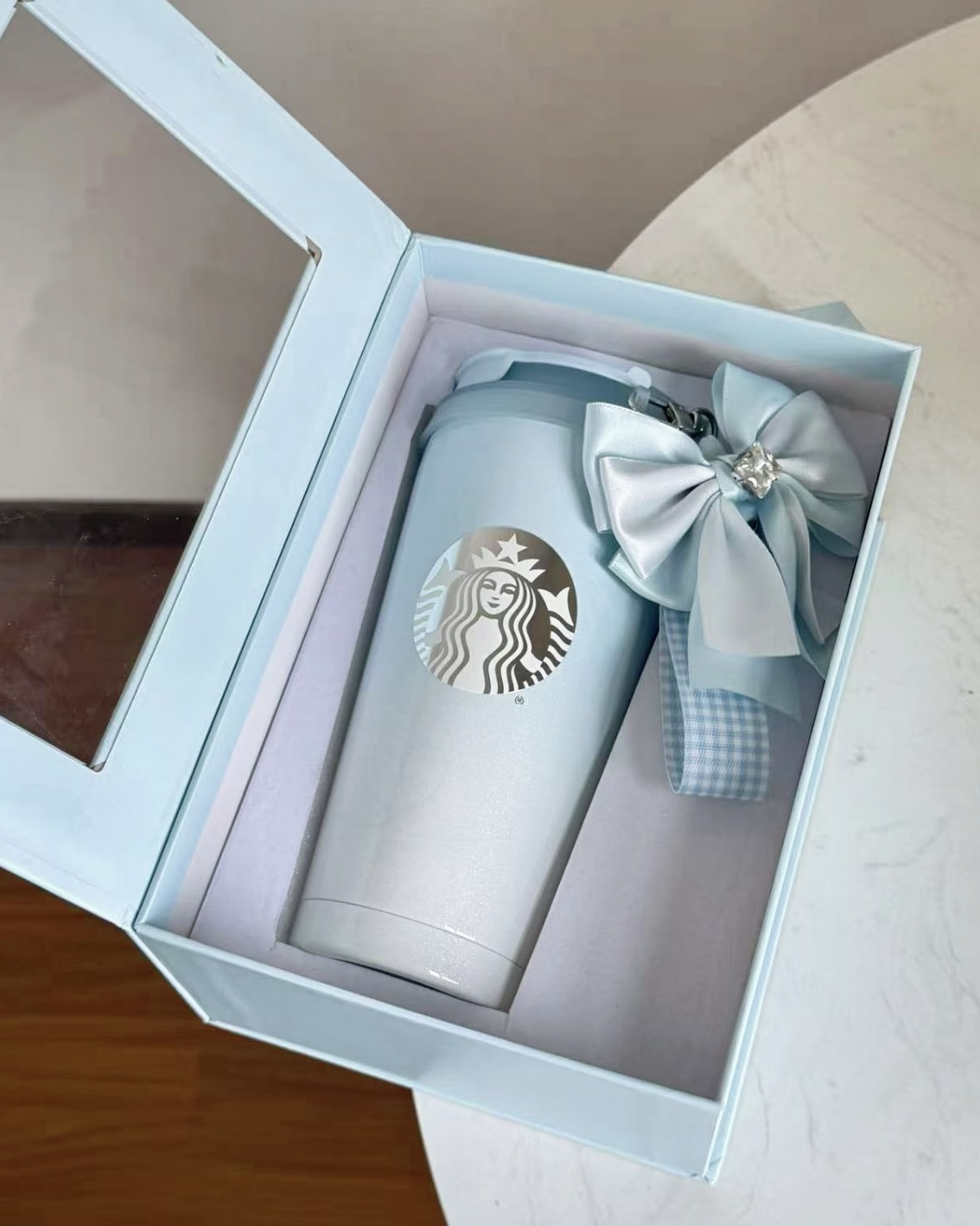 STARBUCKS 星巴克 星動告白系列 冰藍 白藍珠光漸層 不鏽鋼隨行杯 禮盒 附蝴蝶結裝飾 500ml