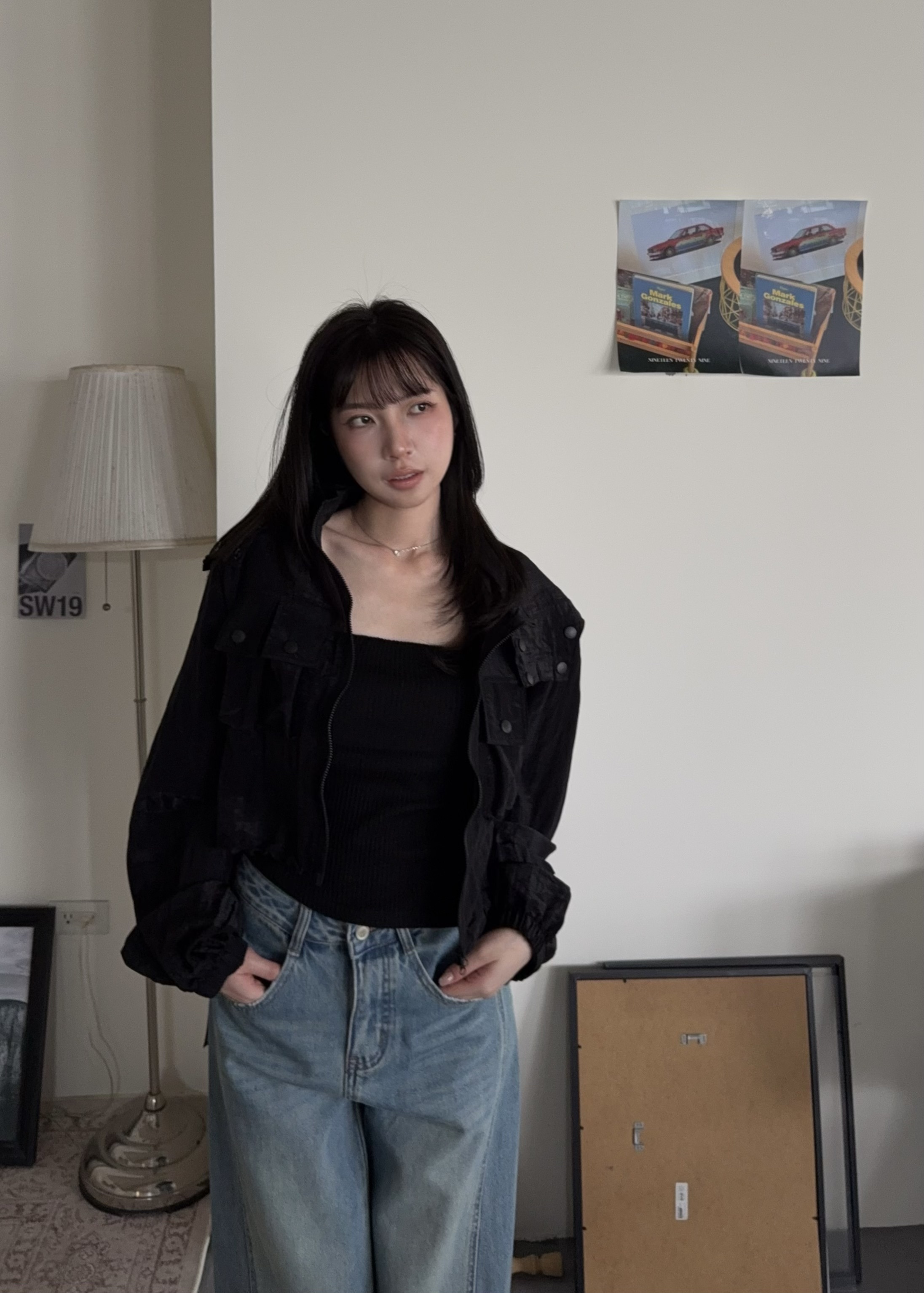 工裝抓皺感-連帽雙拉鏈透膚外套