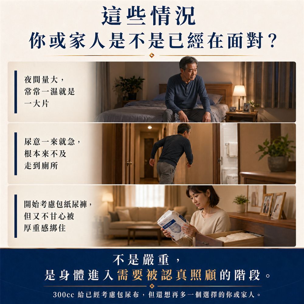 男性300cc可水洗防漏尿內褲，適合高度漏尿、夜尿多、攝護腺疾病、中風失智照護或來不及到廁所的日常失禁防護