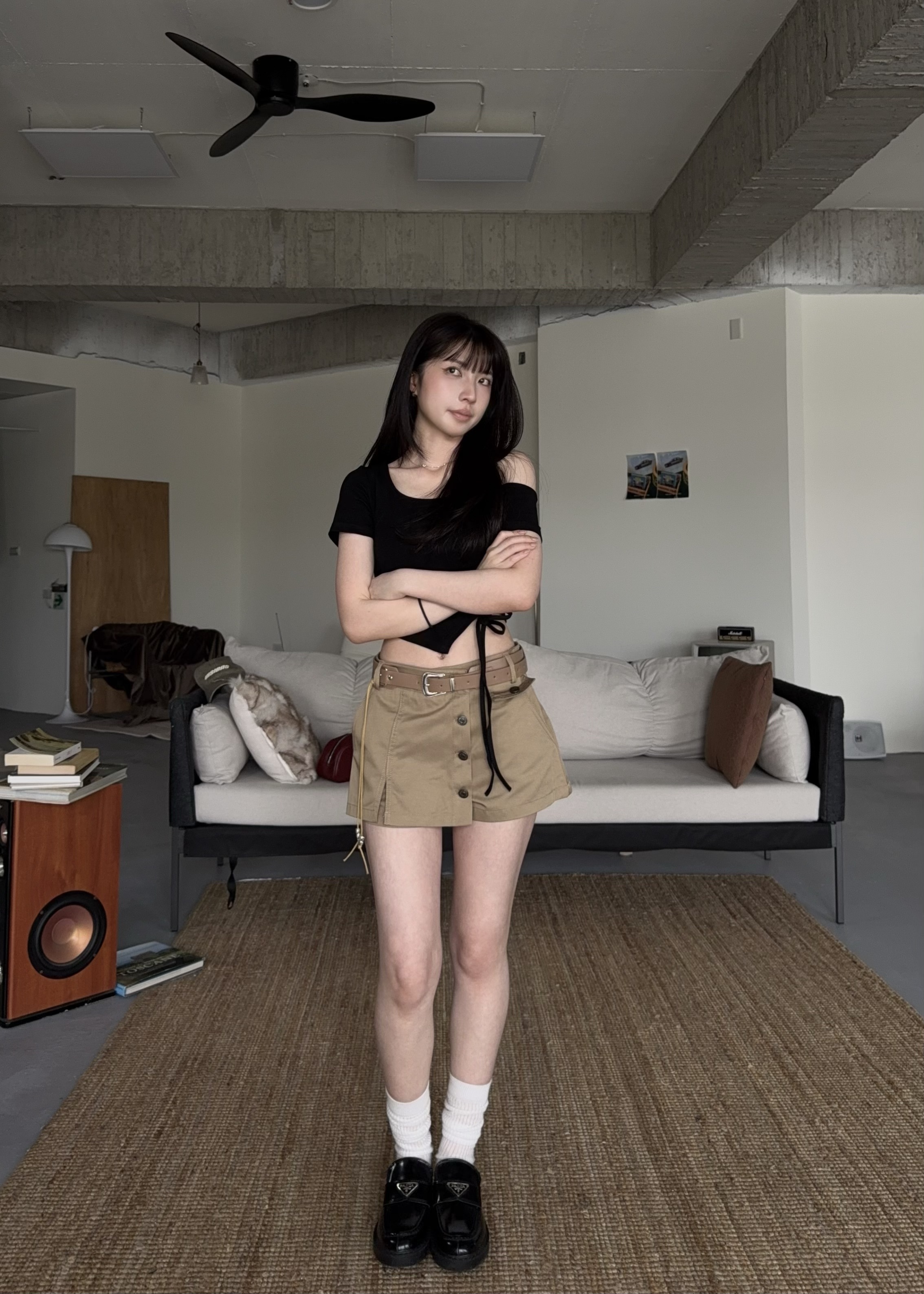 滑布排釦皮帶設計褲裙