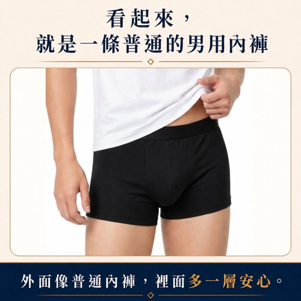 80cc男用防漏尿內褲外觀像一般四角內褲，穿著自然不尷尬，適合上班、通勤、外出與日常活動使用