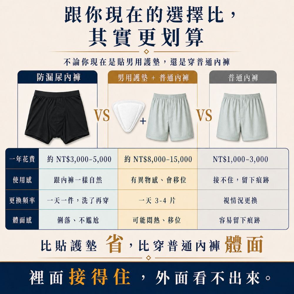 防漏尿內褲與一般內褲比較，80cc男用款具備吸水防漏、除臭抑菌與可水洗重複使用功能，適合輕中度漏尿男性
