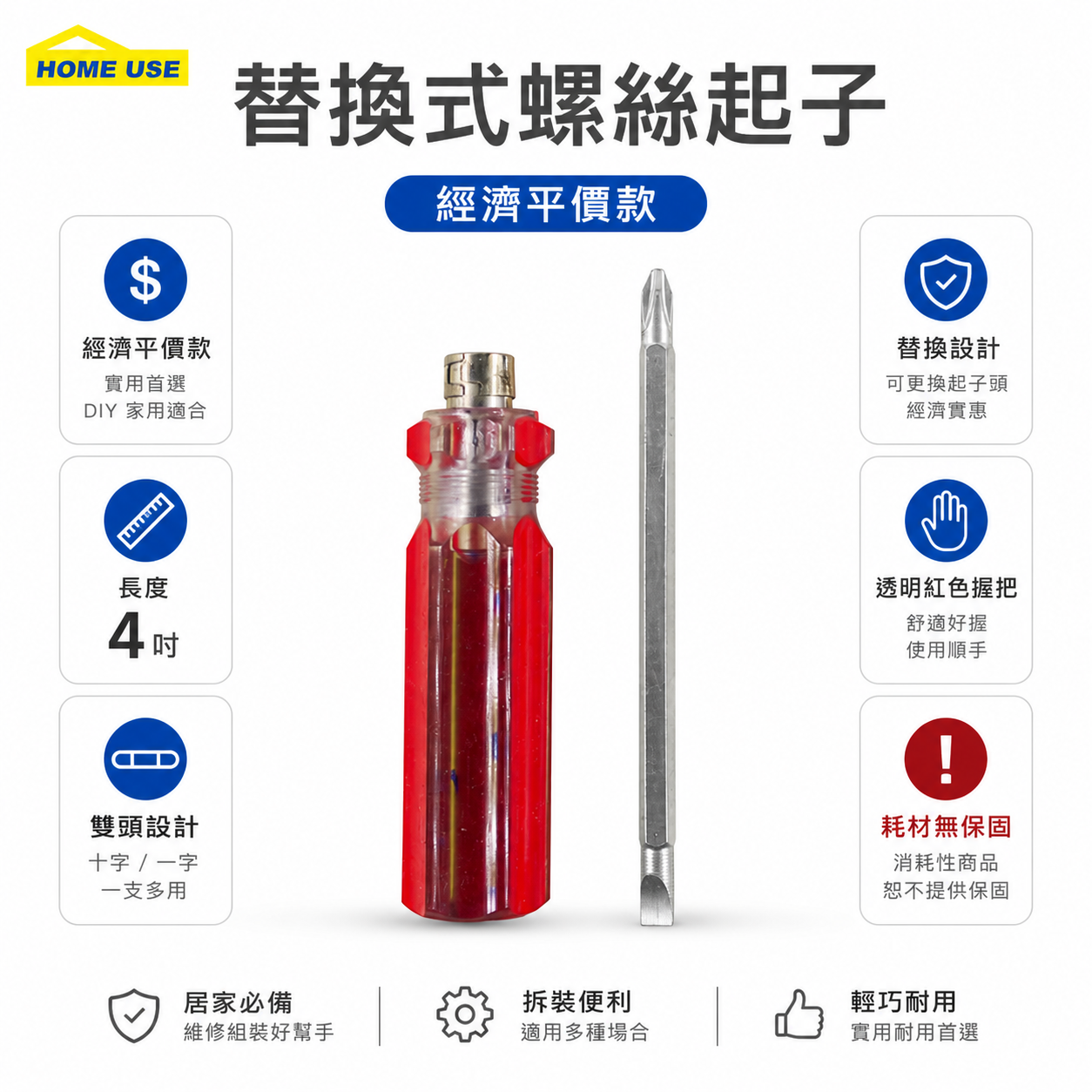 HOME USE｜規格 4" ｜紅色彩條-雙頭起子 替換式螺絲起子 兩用替換起子 十字螺絲起子 一字起子