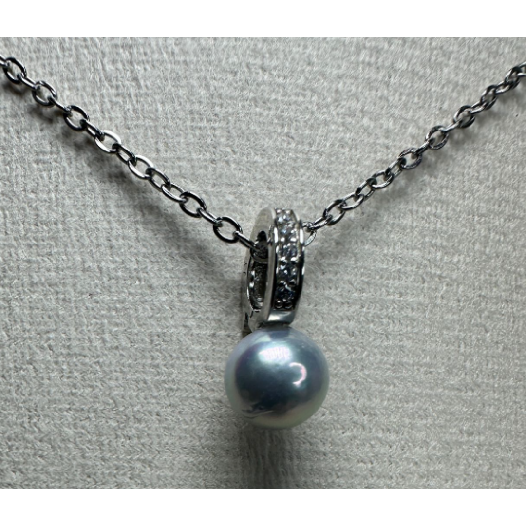 HKAG0502-017 日本AKOYA 海水珍珠頸鏈 排鑽款 (短) (鍍彩銀) (銀) 藍灰光 6.5MM UP (A17)
