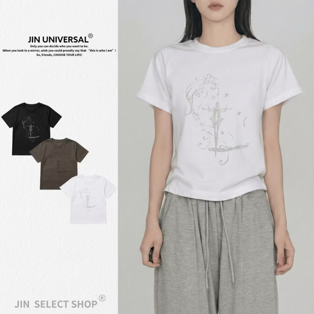 韓國🇰🇷Casual Crop Tee 荊棘 印花 短版 短Tee 女裝 短袖（3color）
