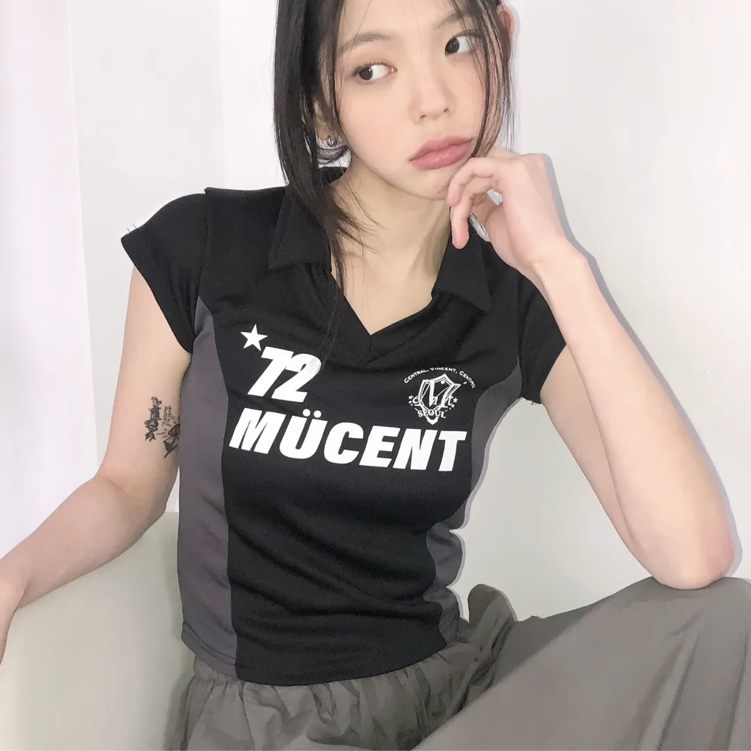 MUCENT 修身翻領 賽車風 短版上衣 拼接感 短袖 韓國代購
