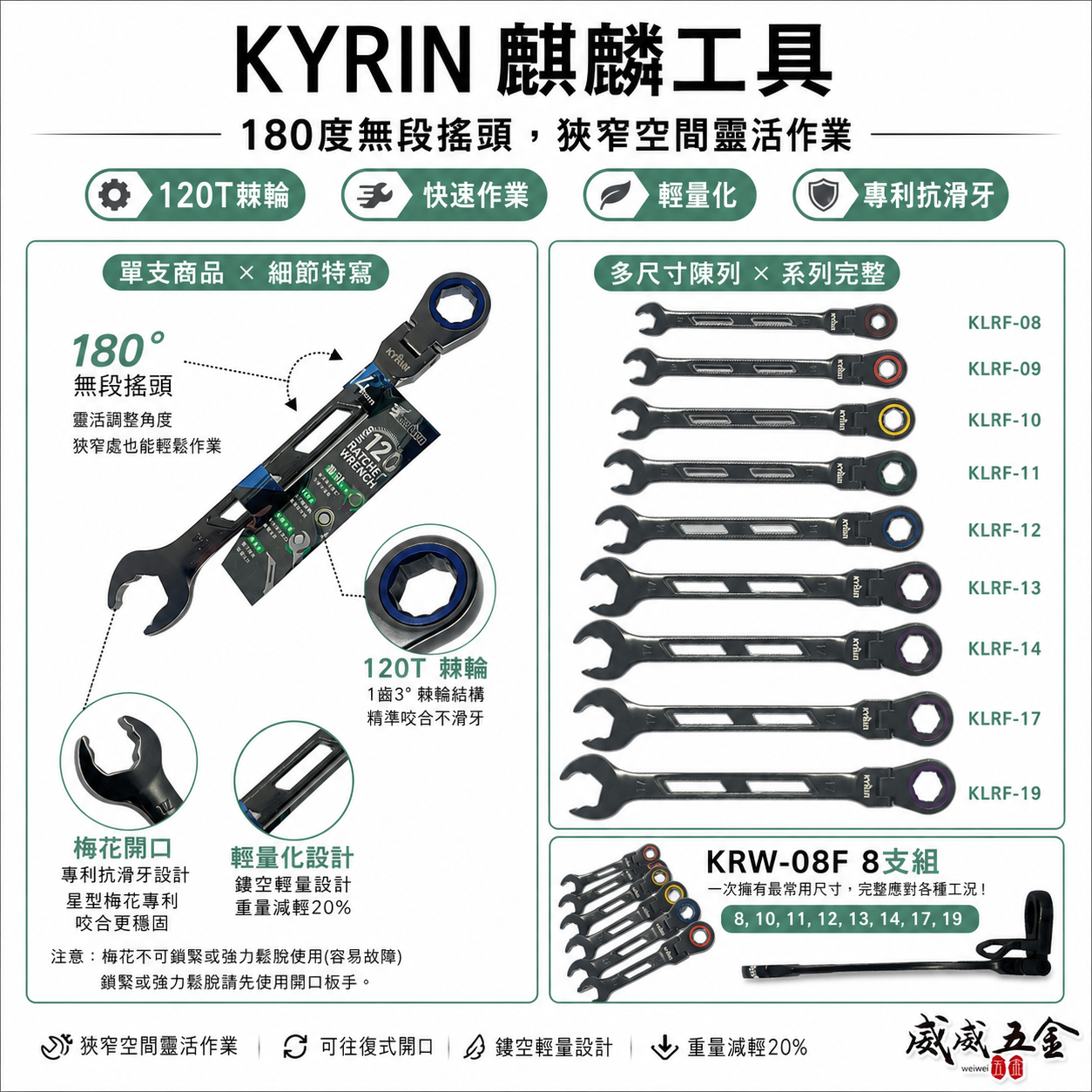 台灣製 KYRIN 麒麟牌｜120齒 快速棘輪梅開板手｜長型搖頭式棘輪扳手 梅花開口簍空迷你版手｜KLRF