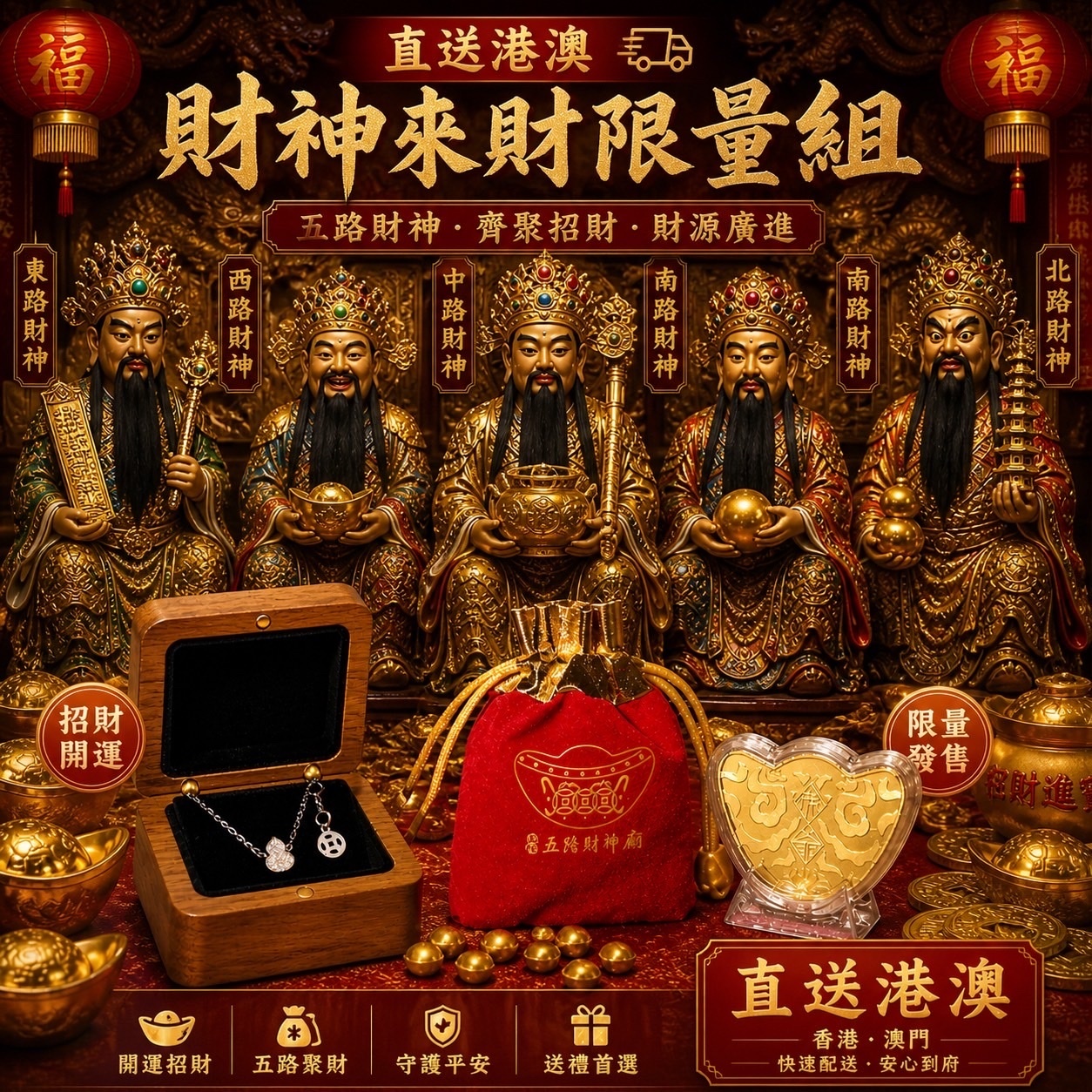 【港澳直送🇭🇰🇲🇴  24小時出貨 】接財運！五路財神招財加持🧧限量優惠88組 財神親賜招財元寶💰【FULULU福嚕嚕x五路財神官方授權招財元寶】| 一條輕鬆戴著走的好運手鍊