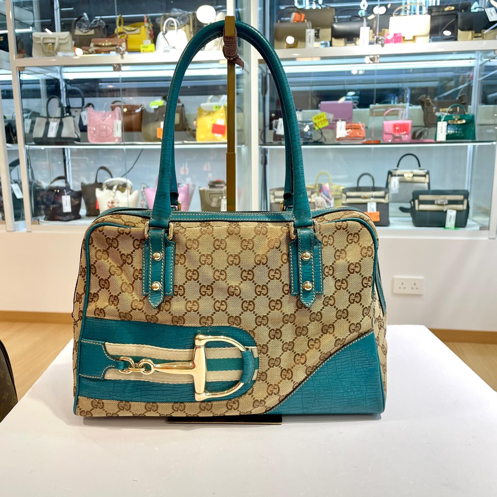 80%NEW二手Gucci Brown GG Canvas Hasler Handbag 141503 藍色牛皮拼米色帆布  #香榭站正品