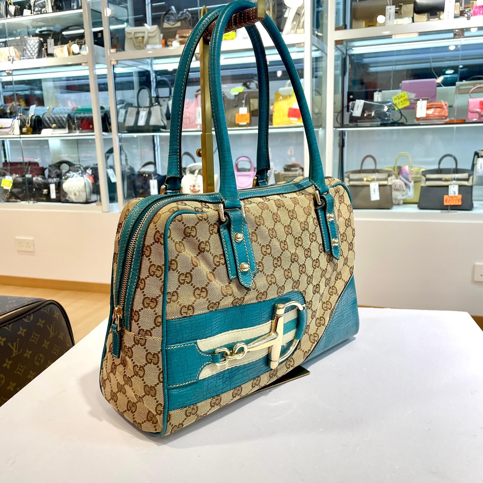 80%NEW二手Gucci Brown GG Canvas Hasler Handbag 141503 藍色牛皮拼米色帆布  #香榭站正品