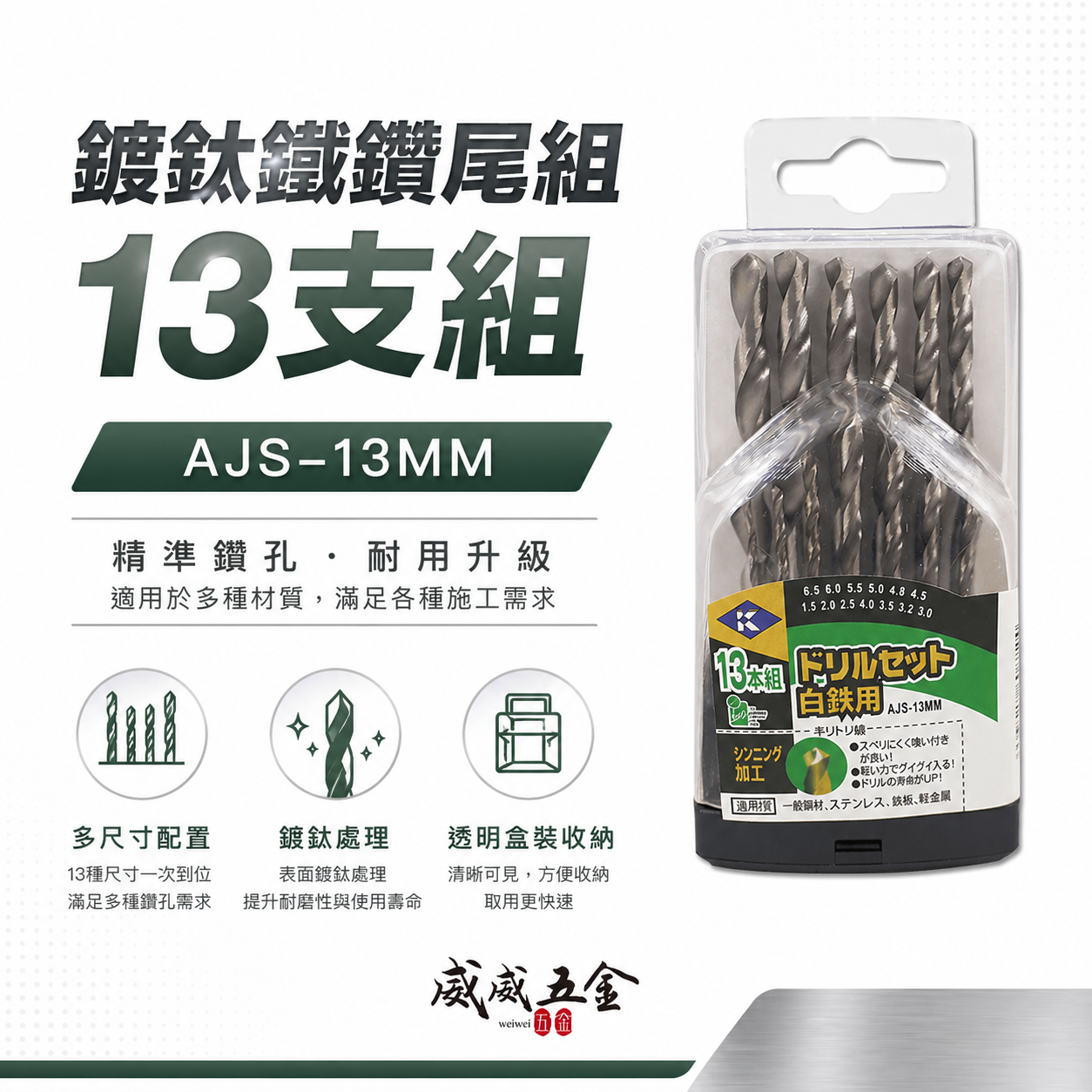 KUSING｜1.5-6mm 含鈷鑽尾組 鑽薄不銹鋼 白鐵鑽頭 鐵工木工用直柄鑽頭13支組｜AJS-13MM