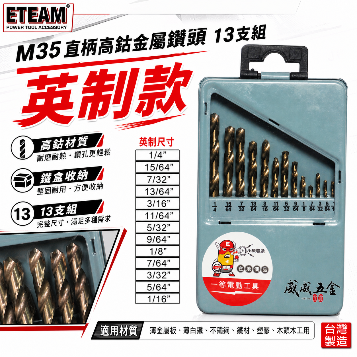 英制 1/16"-1/4"｜M35 直柄高鈷鑽尾 木工不鏽鋼用直柄金屬鑽頭｜鐵盒13支組｜ETEAM｜台灣製
