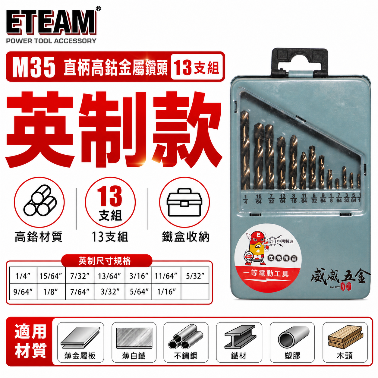 英制 1/16"-1/4"｜M35 直柄高鈷鑽尾 木工不鏽鋼用直柄金屬鑽頭｜鐵盒13支組｜ETEAM｜台灣製