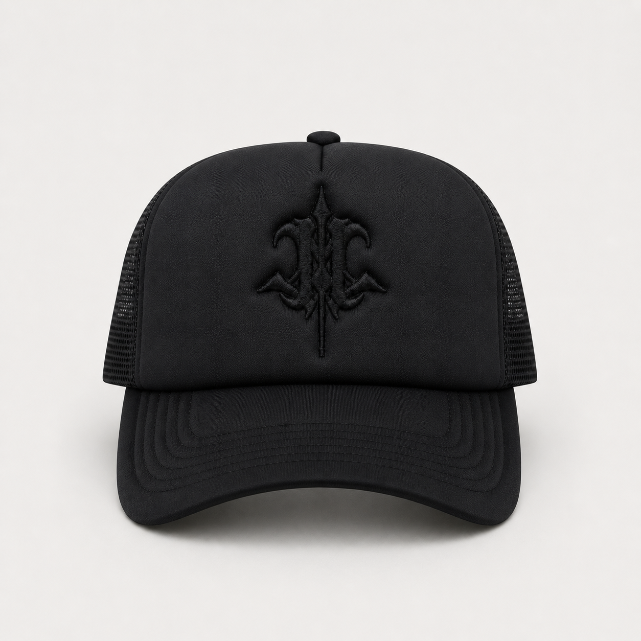 26SS BLACK ON BLACK PUFFER TRUCKER HAT