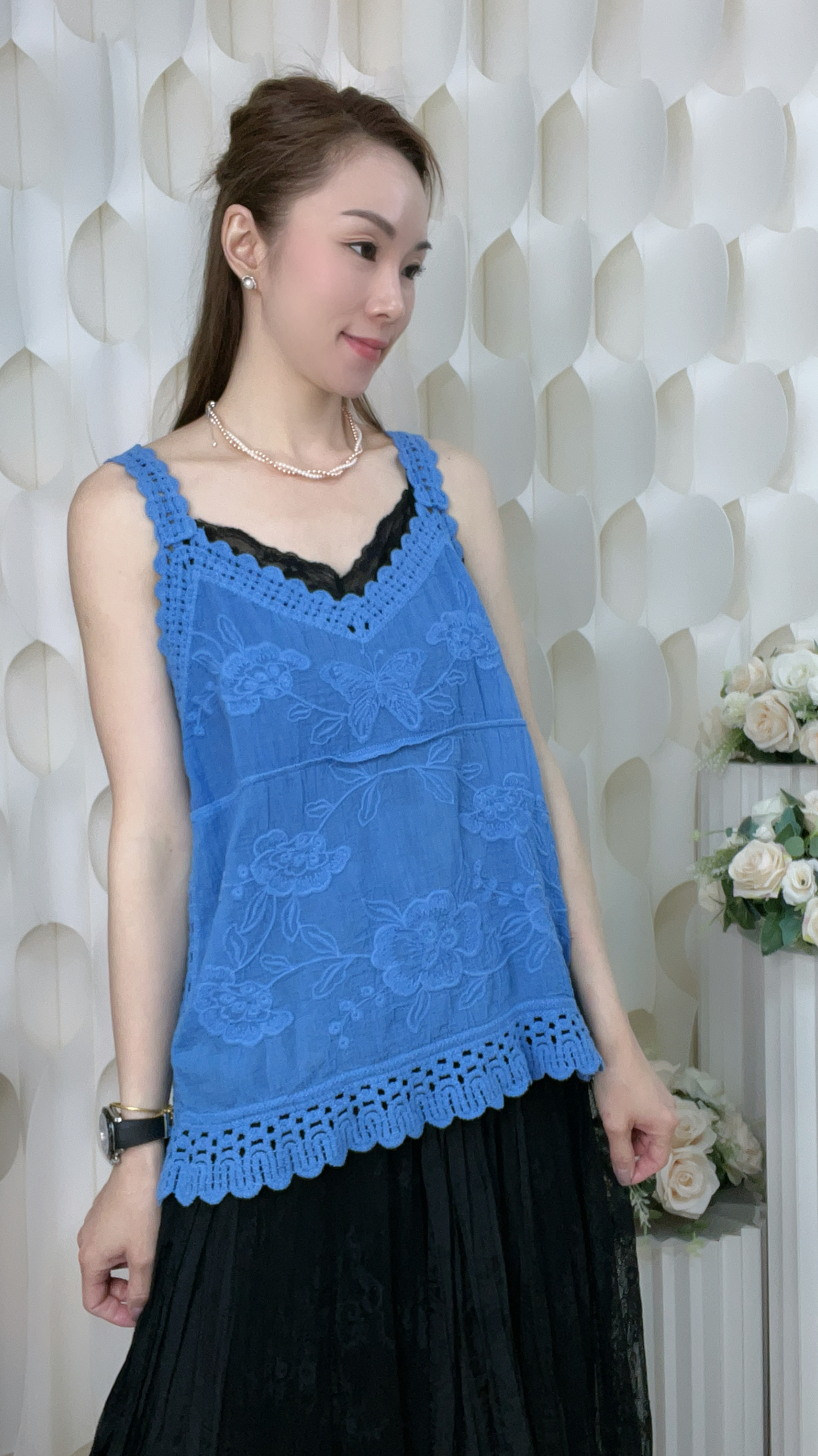 勾花邊刺繡吊帶背心上衣 ( 胸:38 腰:40 長24吋 ) 7447#0105clo