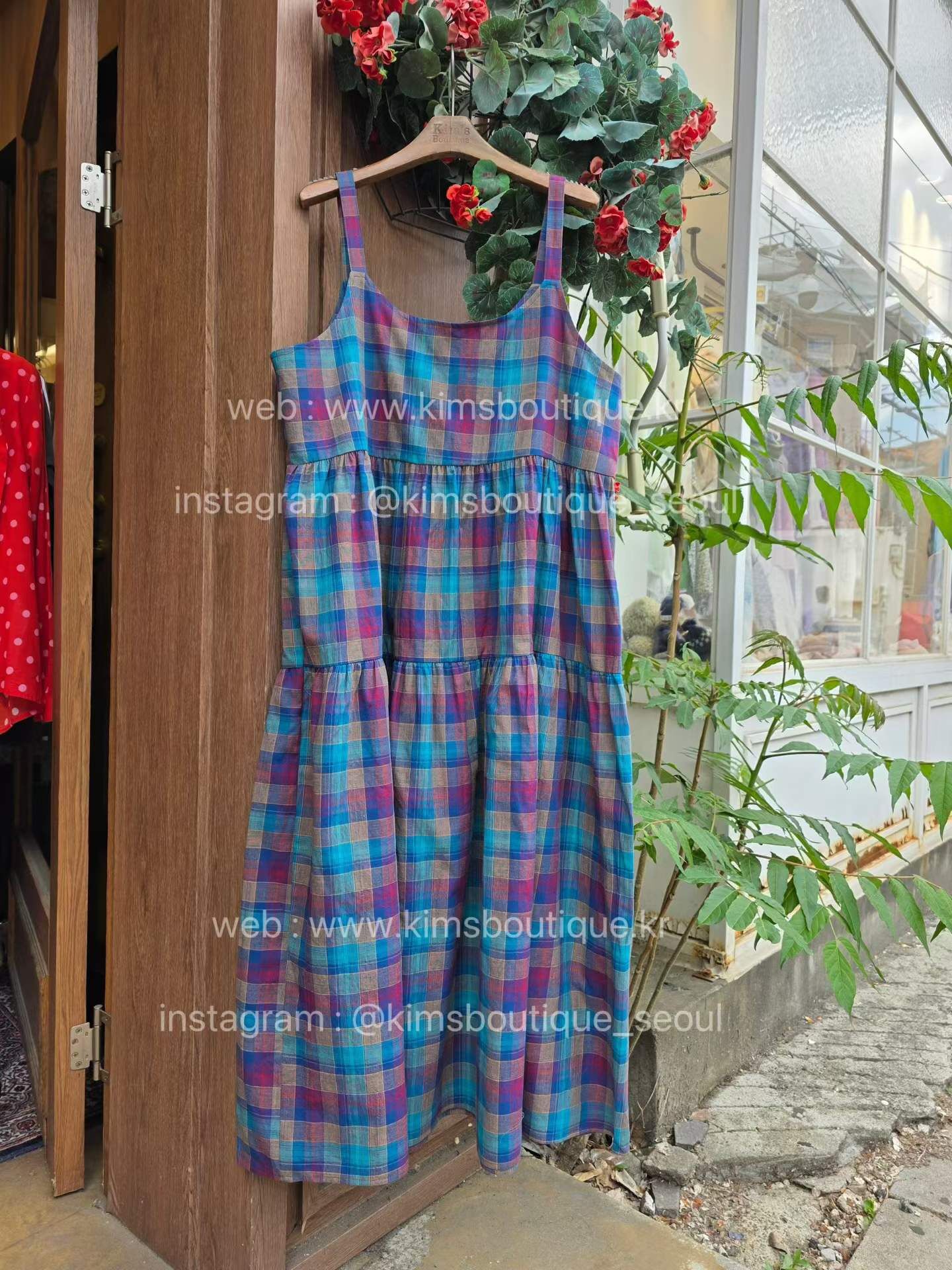 KM6150 色彩格紋U領背心連身裙