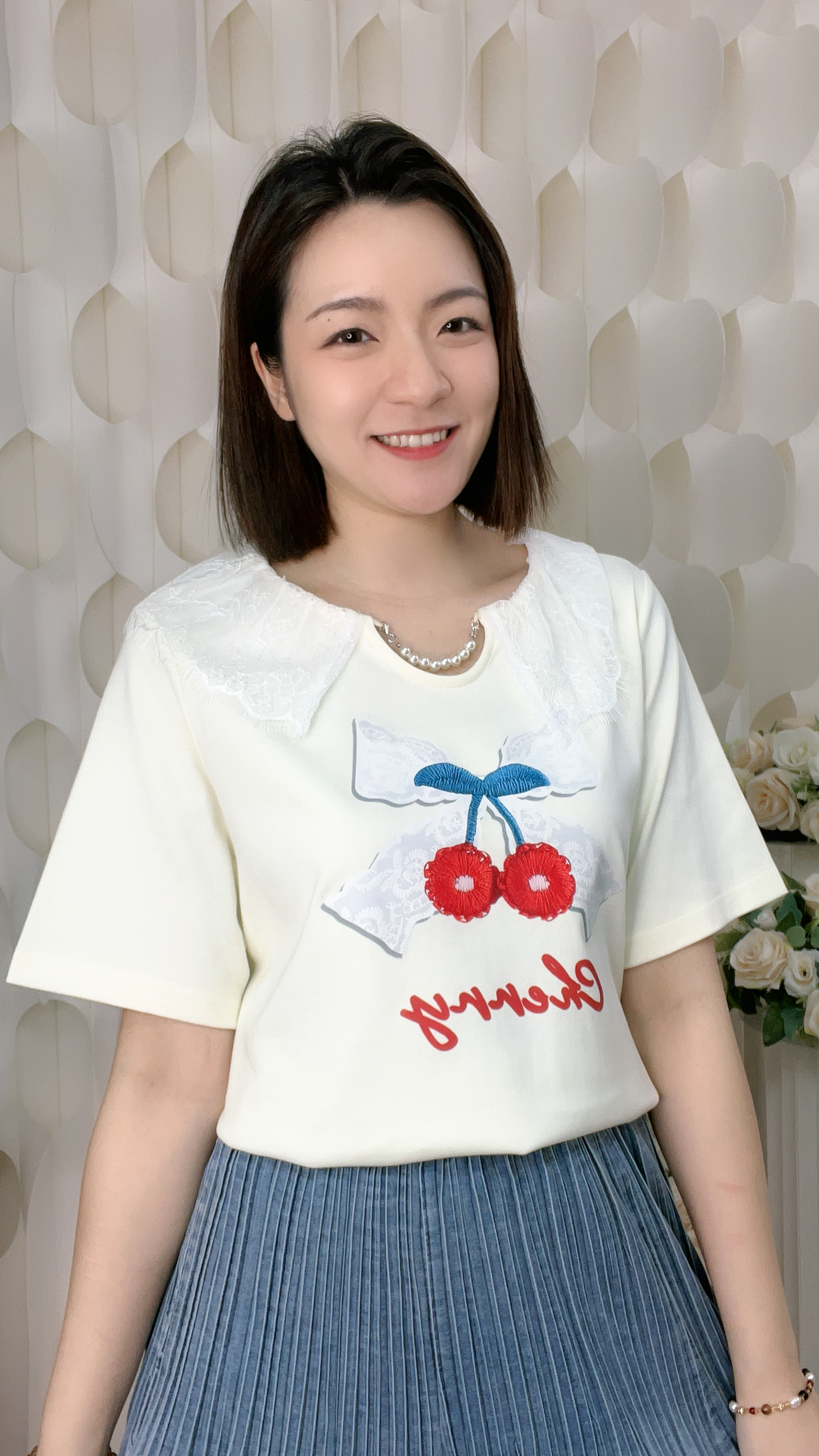 LACE領珍珠扣車厘子圖案棉質上衣 ( 胸:42-48 腰:42-48 長23吋 ) 36979#0105clo