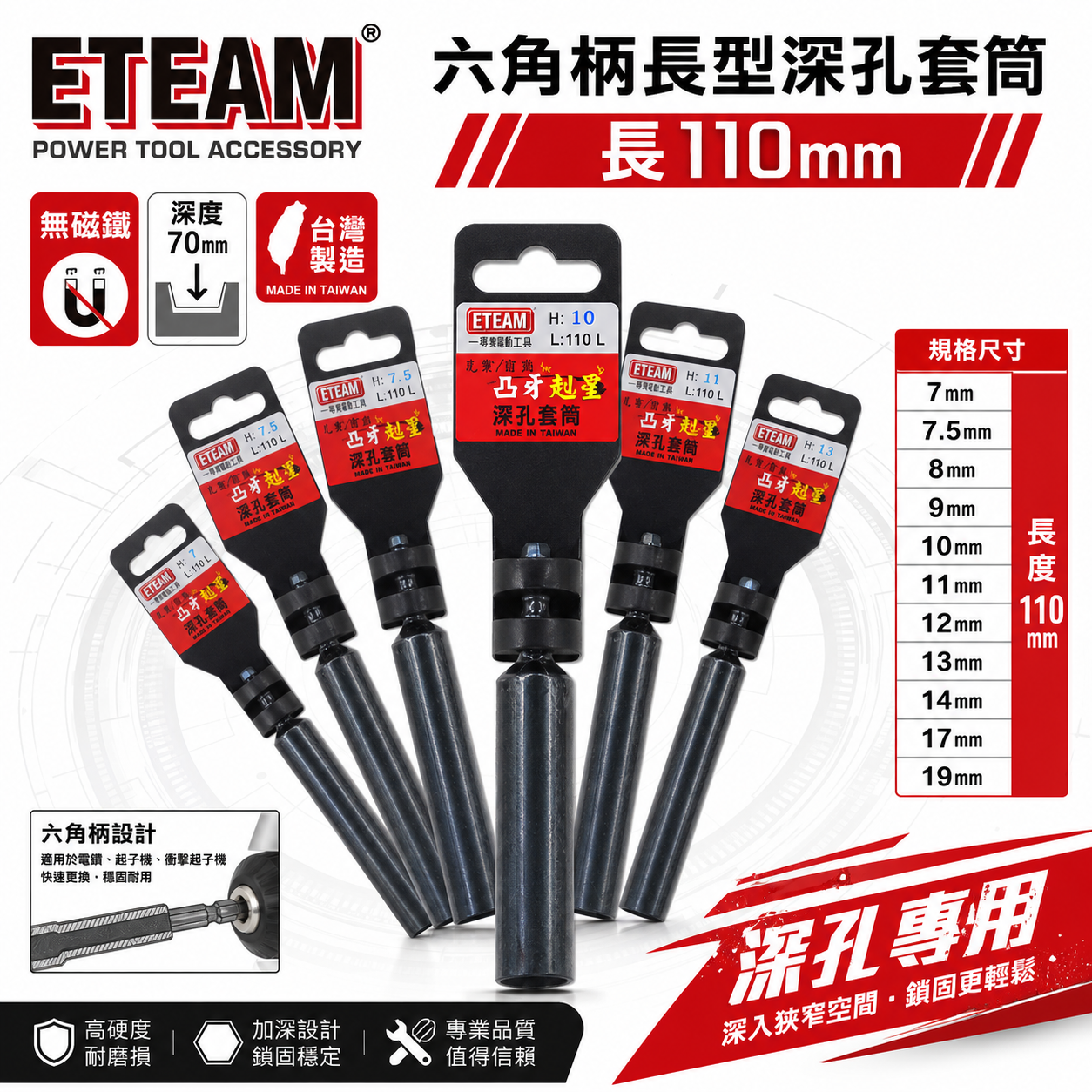 ETEAM 一等 台灣製｜零售 7-19mm 六角軸無磁深孔套筒 長110mm｜六角柄深孔套筒 六角套筒