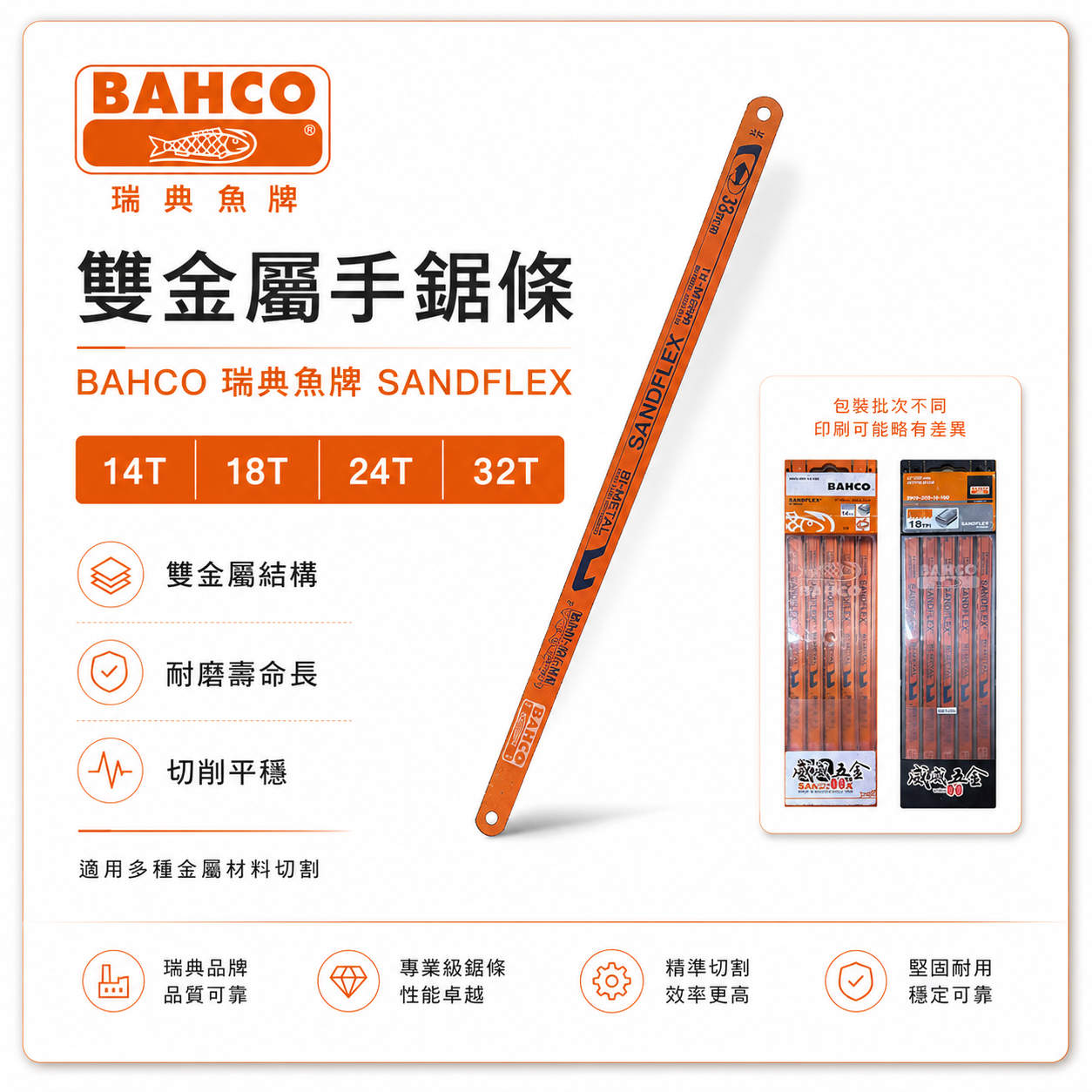 零售｜瑞典 BAHCO 魚牌 八口魚｜橘色雙金屬｜12"手鋸片 手鋸條 鋸刃｜14T-18T-24T-32T