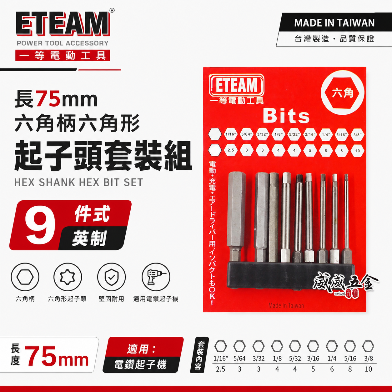 ETEAM 一等 台灣製｜公制-英制 長75mm 內六角起子頭 六角柄起子頭 六角頭起子頭 單頭起子｜9支組
