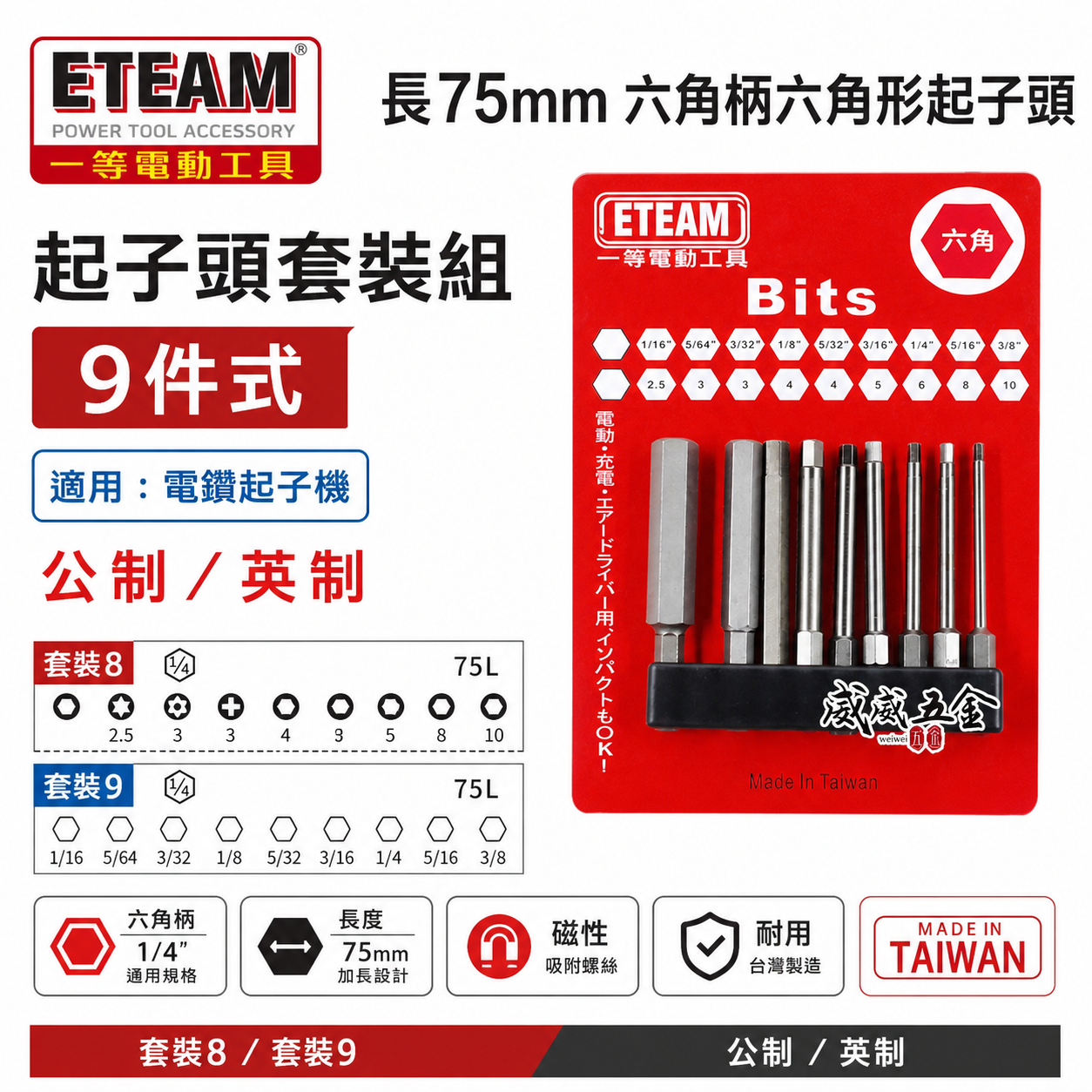 ETEAM 一等 台灣製｜公制-英制 長75mm 內六角起子頭 六角柄起子頭 六角頭起子頭 單頭起子｜9支組