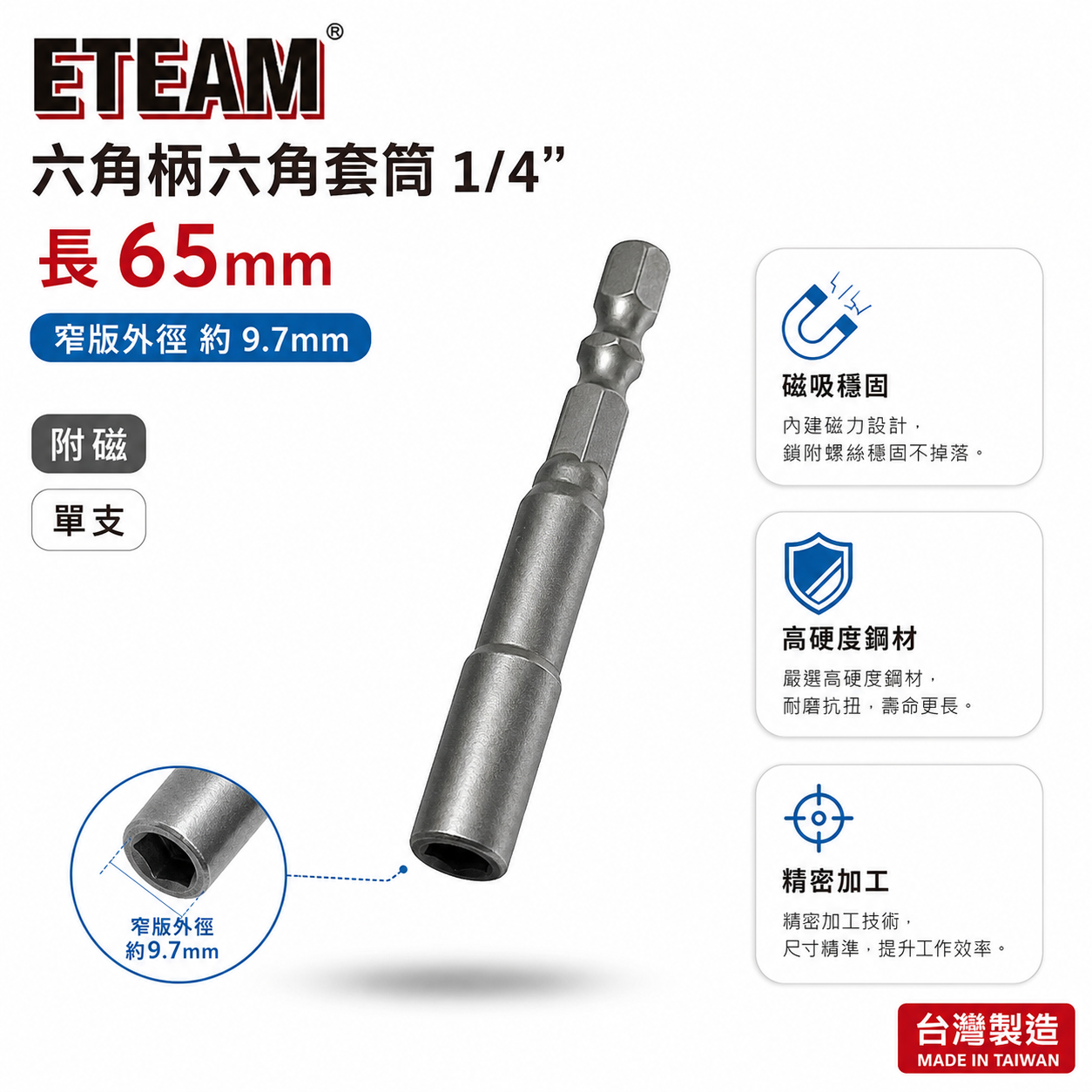 ETEAM 一等｜1/4" 長 65mm 六角軸附磁套筒 兩分六角柄磁性套筒 自攻牙螺絲用六角套筒｜窄版外徑約9.7mm