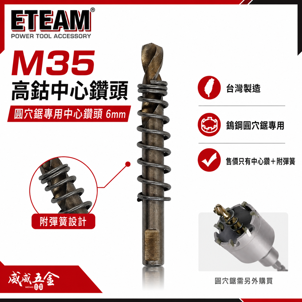 1支 附彈簧｜ETEAM 一等 台灣製｜規格 6mm M35 高鈷 圓穴鋸中心鑽頭｜超硬鎢鋼圓穴鑽頭用刀刃鑽尾 中心鑽