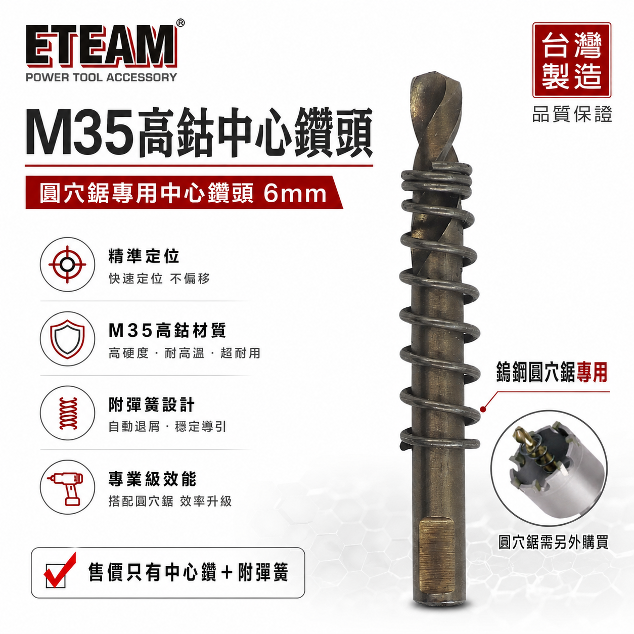 1支 附彈簧｜ETEAM 一等 台灣製｜規格 6mm M35 高鈷 圓穴鋸中心鑽頭｜超硬鎢鋼圓穴鑽頭用刀刃鑽尾 中心鑽