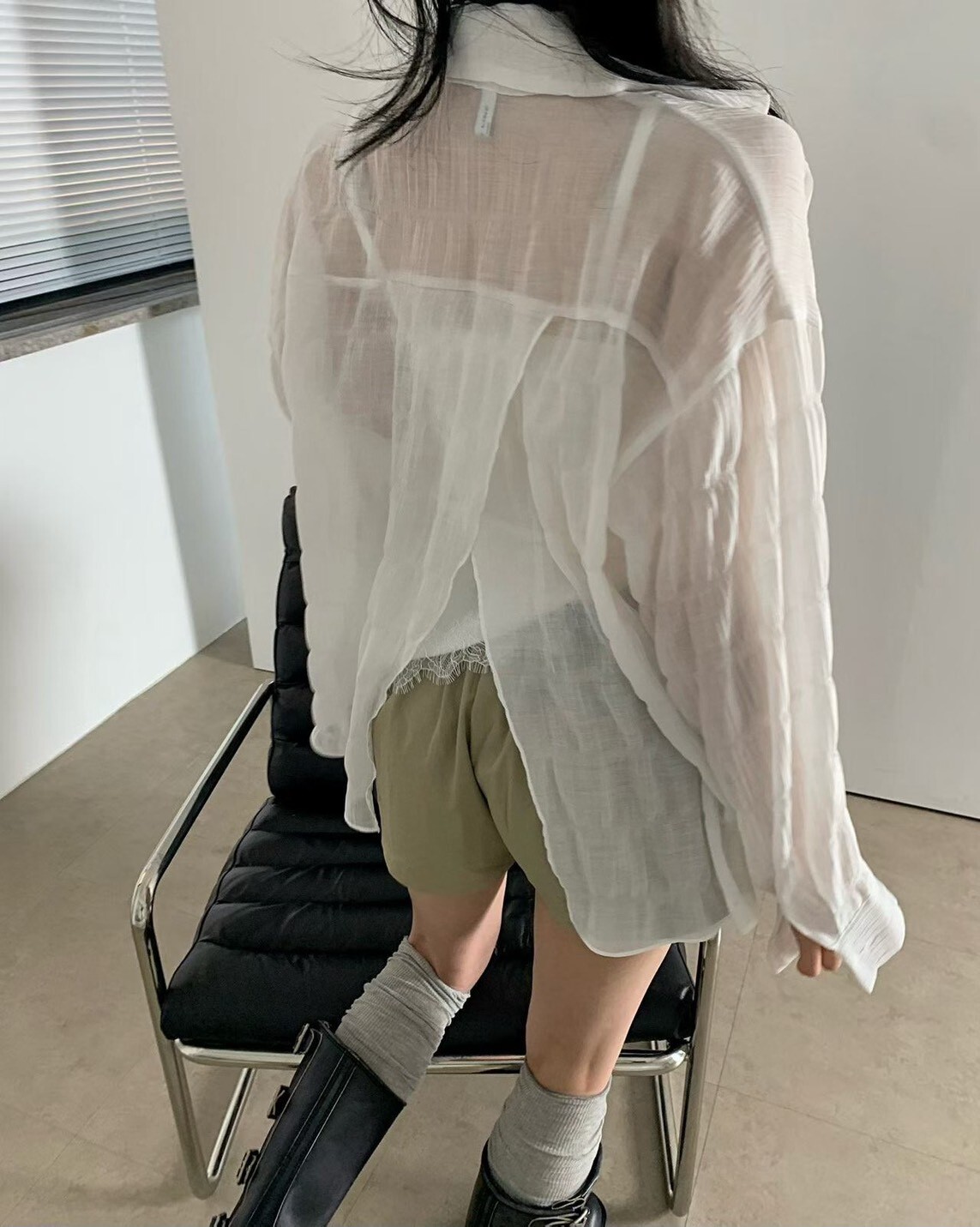 皺皺背開衩防曬休閒襯衫