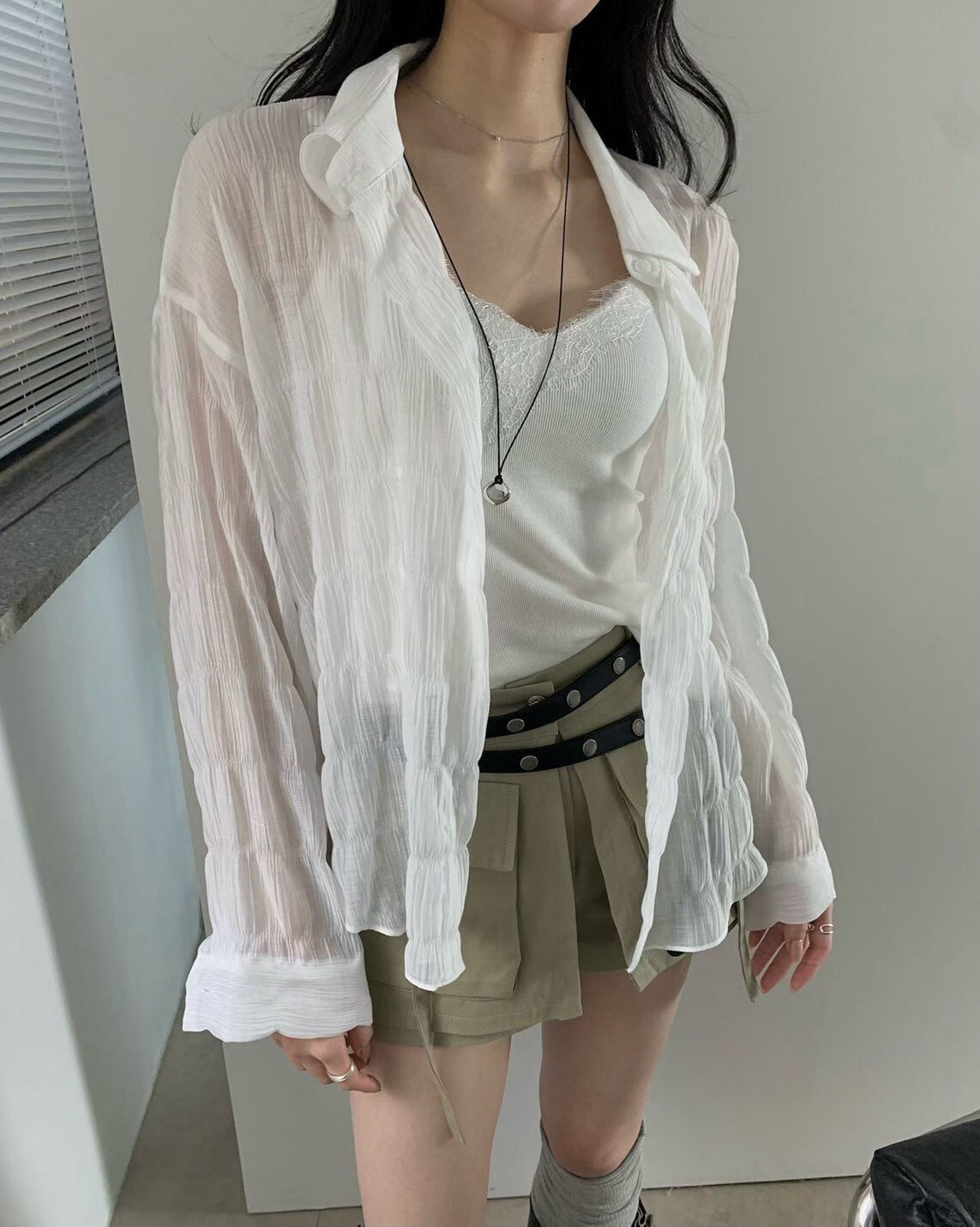 皺皺背開衩防曬休閒襯衫