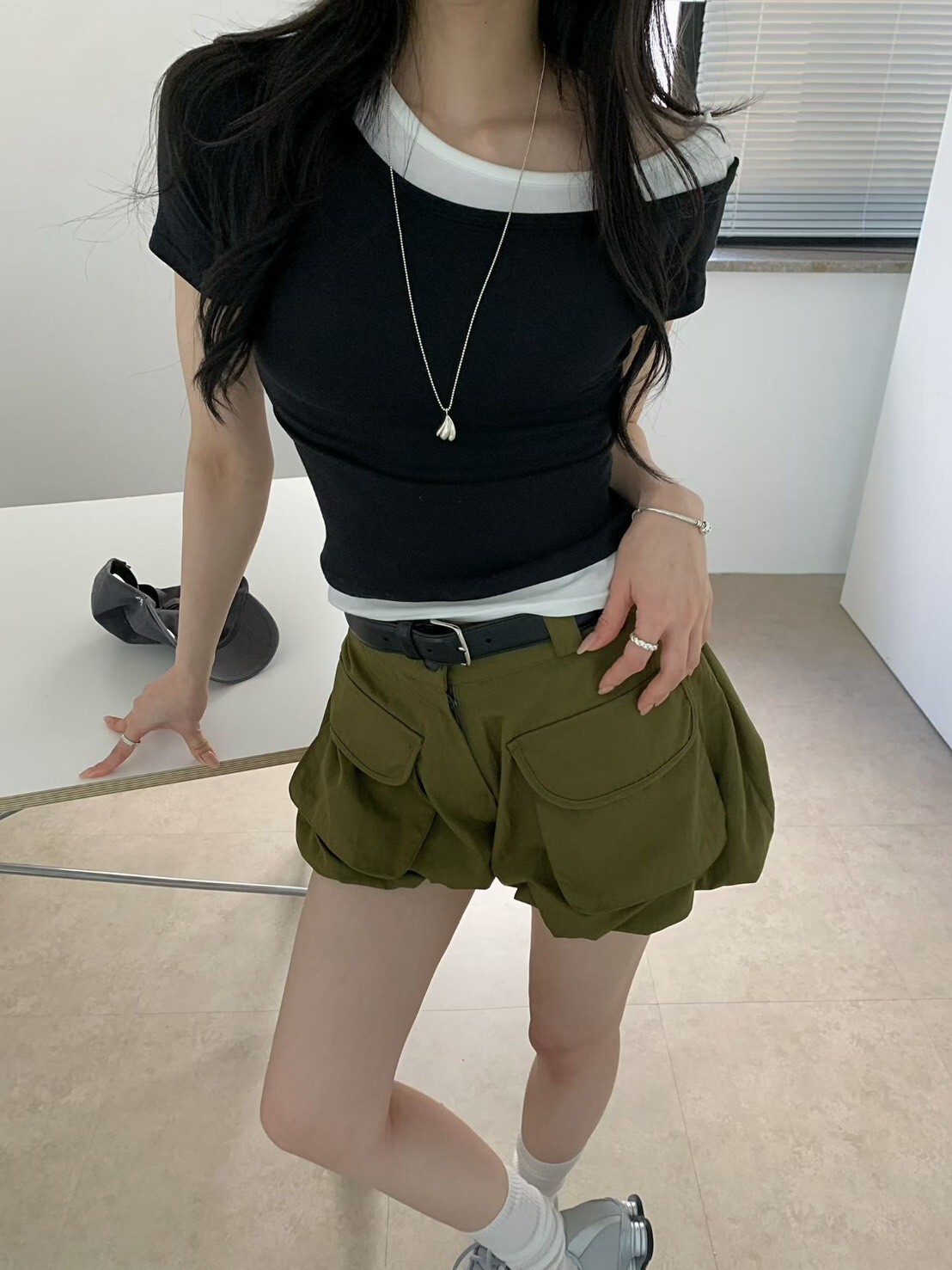 雙色露單肩T