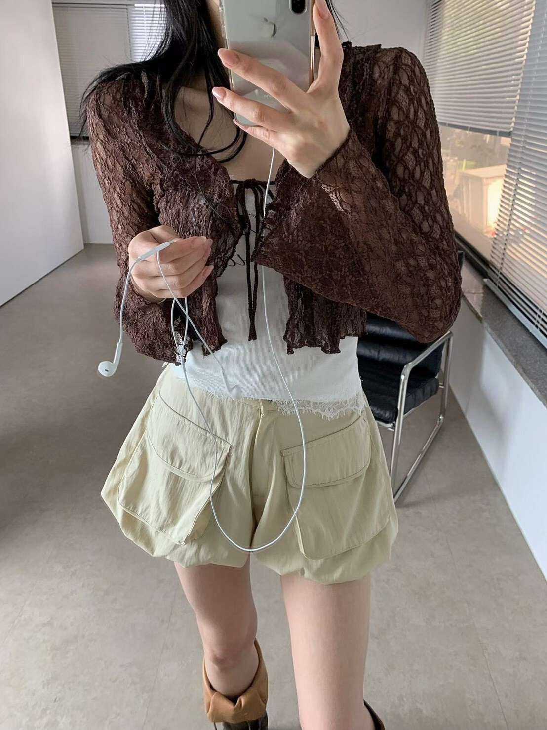 喇叭袖蕾絲綁帶外罩