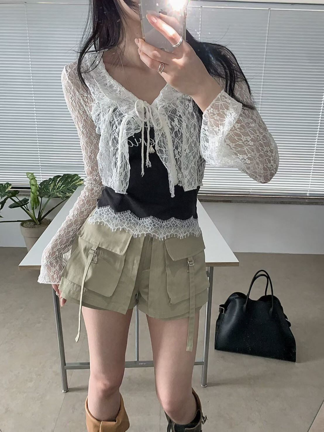 喇叭袖蕾絲綁帶外罩