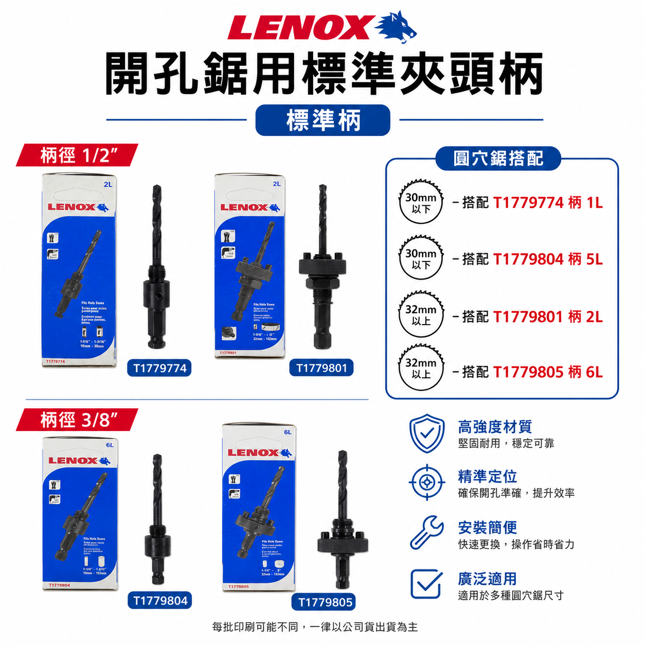 LENOX 狼牌 美國｜T3 圓穴鋸用專用標準柄-粗柄｜1L 2L 5L 6L 柄｜單賣中心鑽｜無法單獨使用