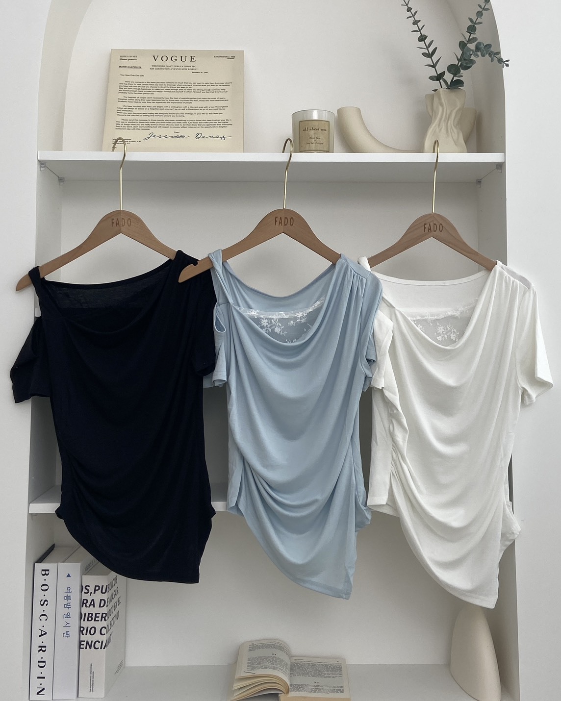 法朵Fado shop｜露肩假兩件蕾絲一字領上衣 0285009 三色