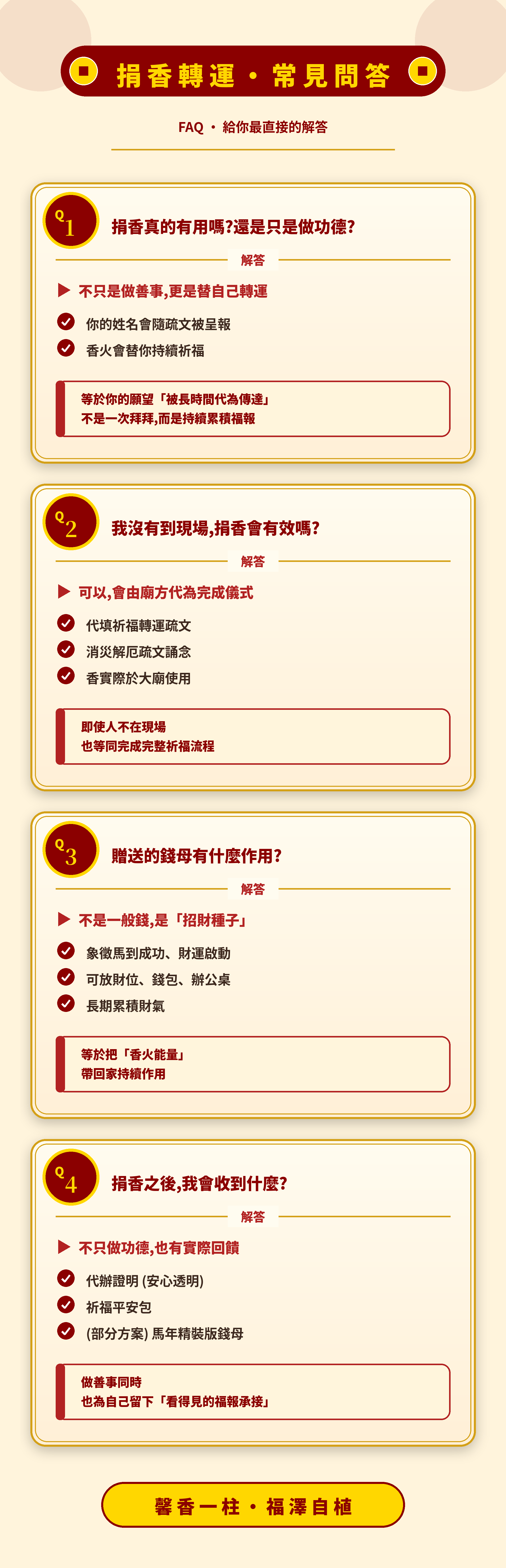捐香轉運常見問答 - Q1捐香真的有用嗎 / Q2沒到現場有效嗎 / Q3錢母作用 / Q4我會收到什麼