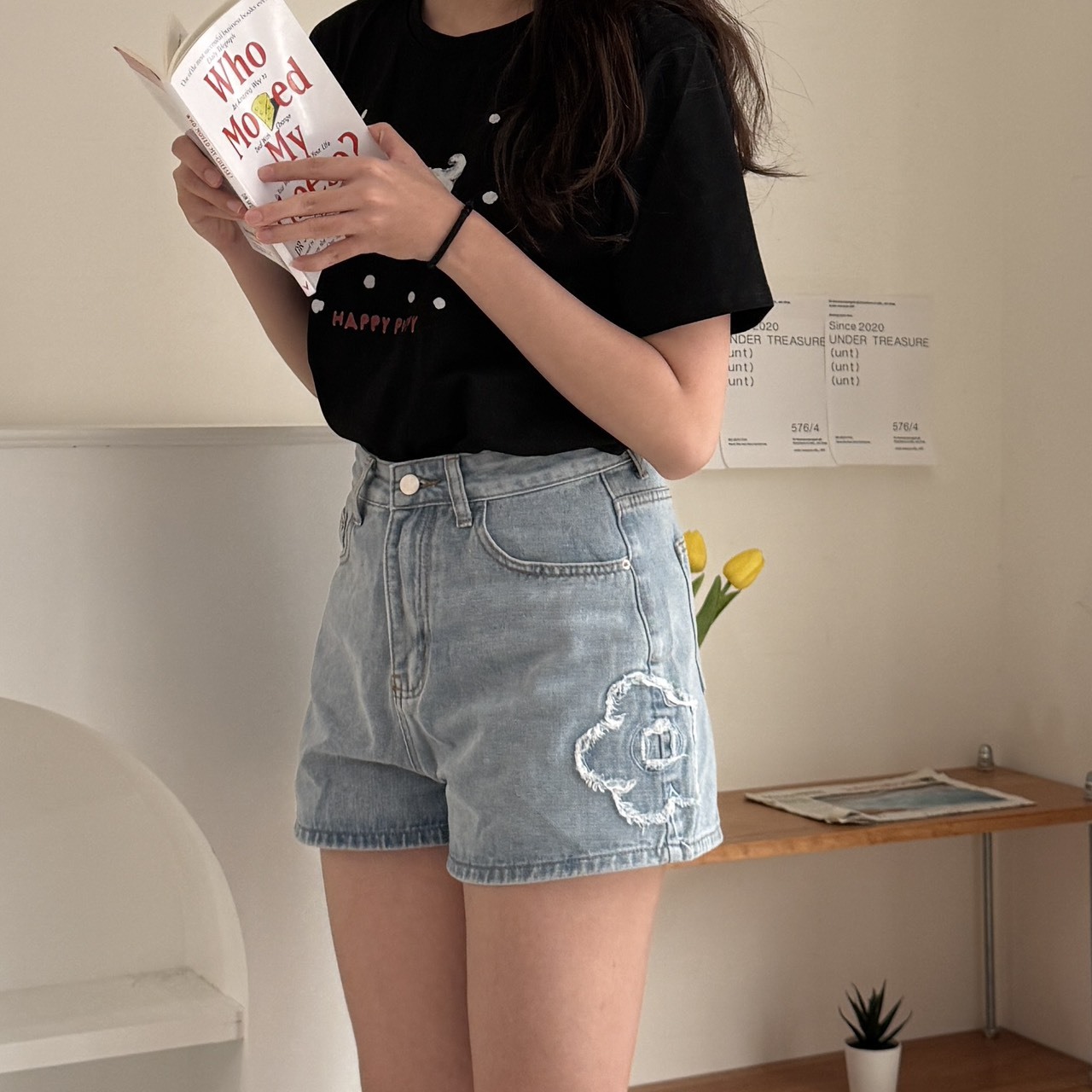 3556 春夏花刺繡牛仔短褲(R)