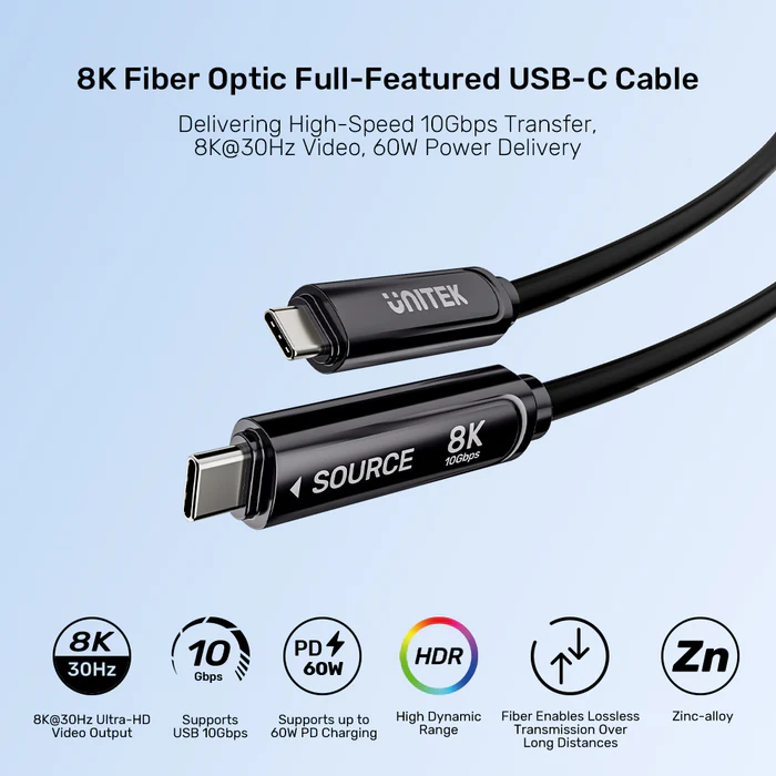Unitek 8K 光纖全功能 USB‑C 傳輸線 15米｜10Gbps・60W PD