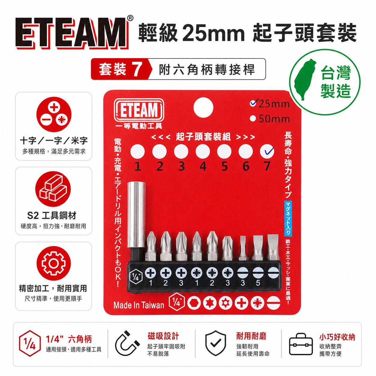 ETEAM 一等｜套裝7｜附轉接桿 短版 25mm 六角柄起子頭 單頭 十字 一字 米字起子頭｜10PCS