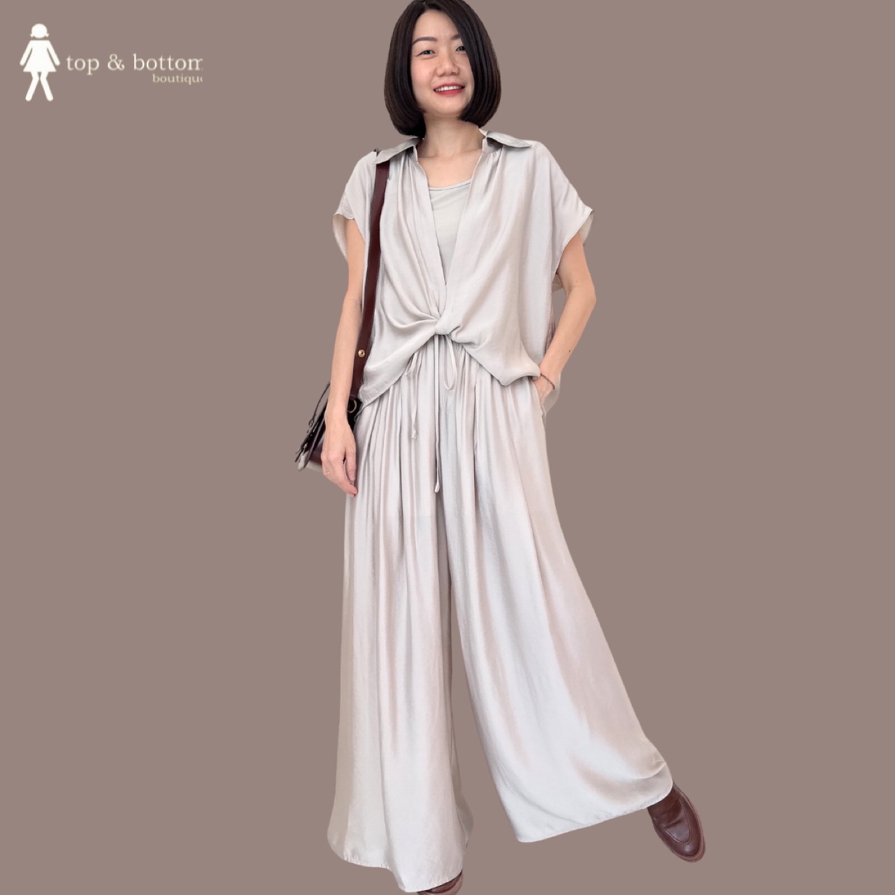 V SLEEVE SILKY CHIFFON SET BLOUSE WITH INNER SINGLET (2 PCS)