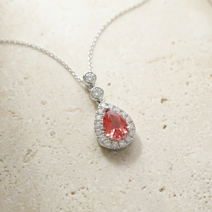 18K金Padparadscha鑽石復古開口吊墜/掛件 - 日落/日出色