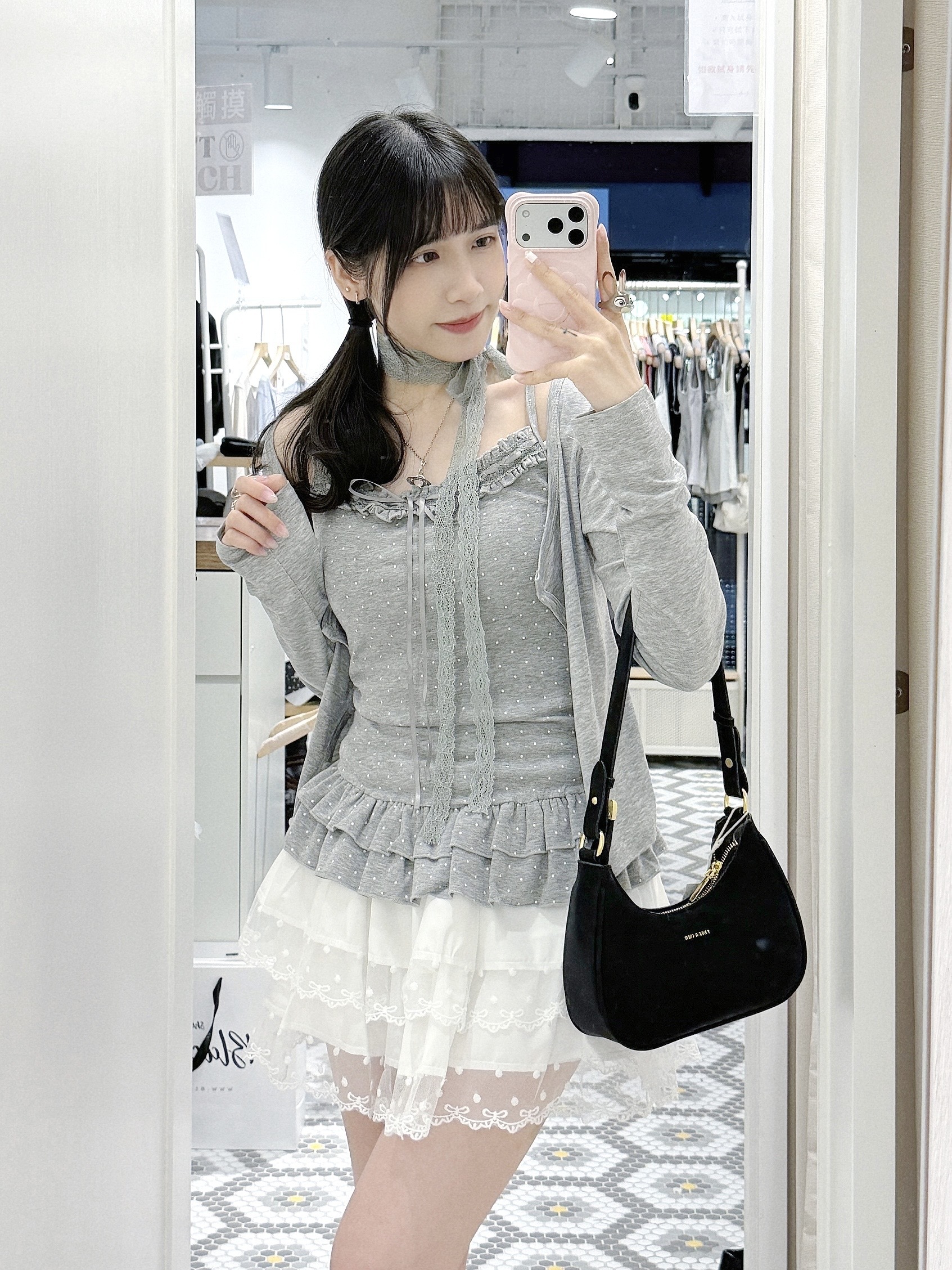 S0245｜波點荷葉邊吊帶＋罩衫外套連蕾絲頸帶SET ₊˚⊹♡