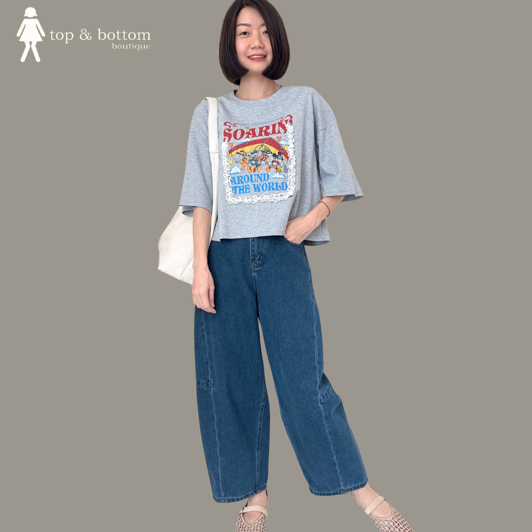 SHORT SLEEVE PRINTED SHORT TEE WITH LACE DETAILED