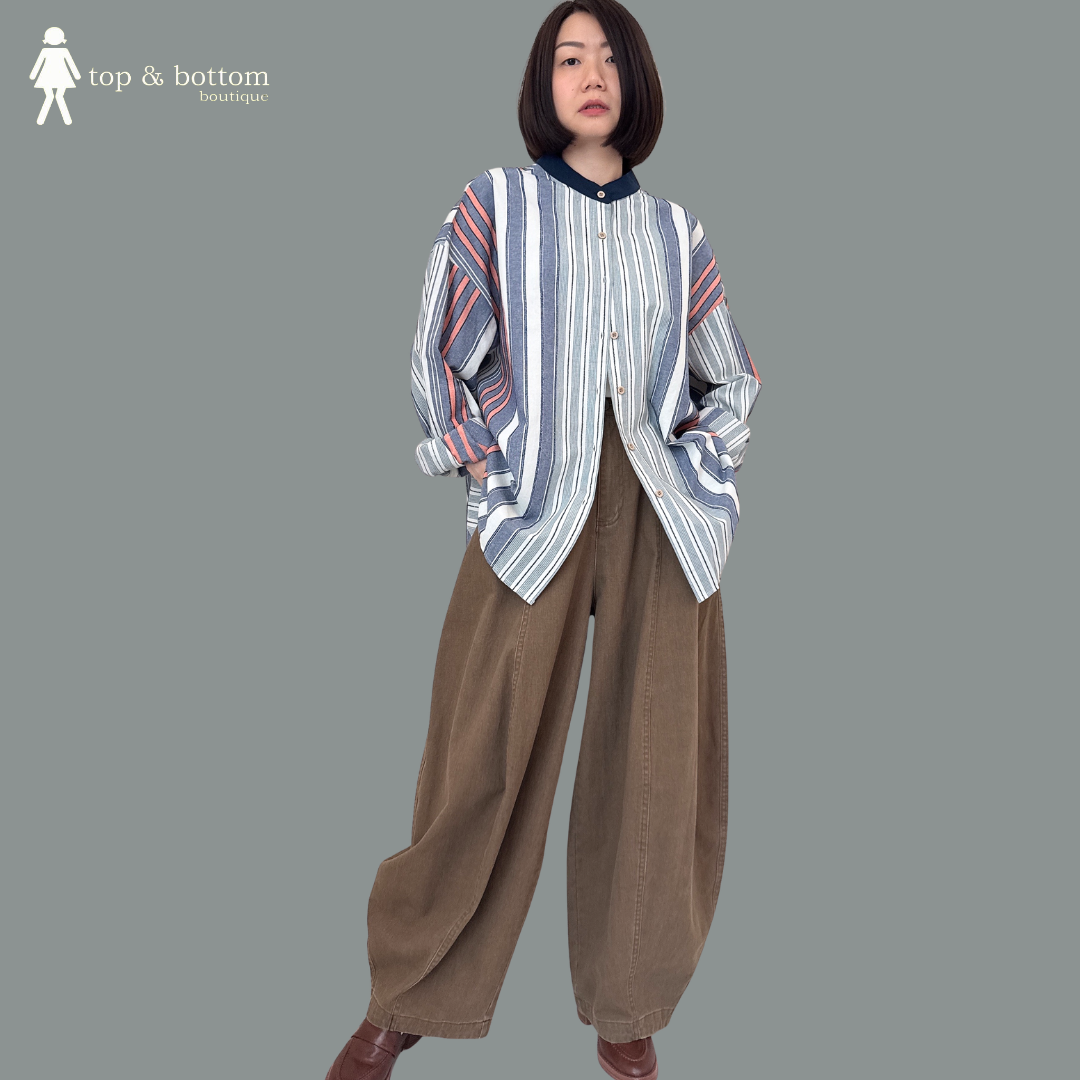 LONG SLEEVE MANDARIN COLLARED STRIPED LONG SHIRT